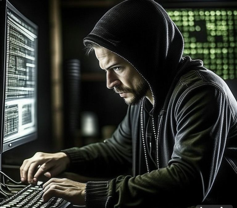 Um hacker em frente a um computador. Imagem gerada com LuzIA.