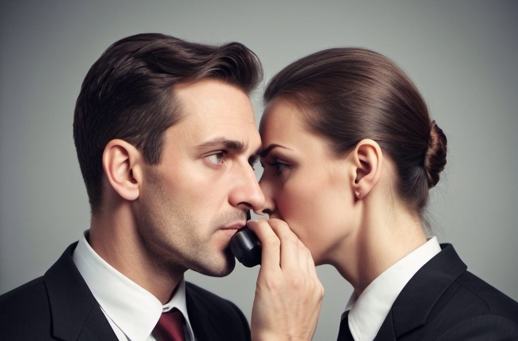 Homem e mulher, frente a frente, parecem sussurrar ao pé do ouvido.