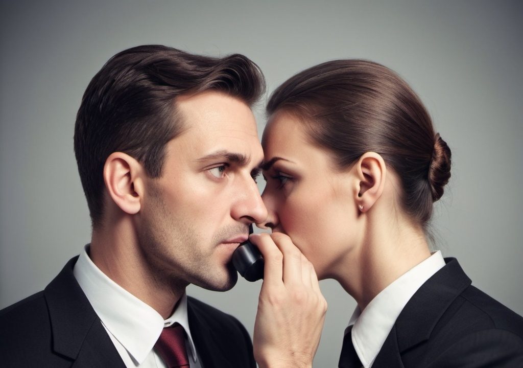 Homem e mulher, frente a frente, parecem sussurrar ao pé do ouvido.