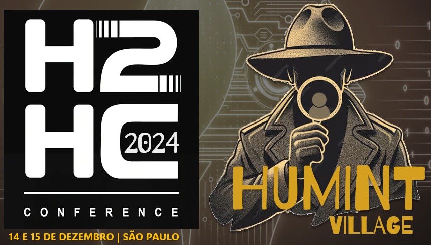 Logo da H2HC e detetive se chapeu e capa segurando uma lupa, na lupa aparece a silhueta de uma pessoa.